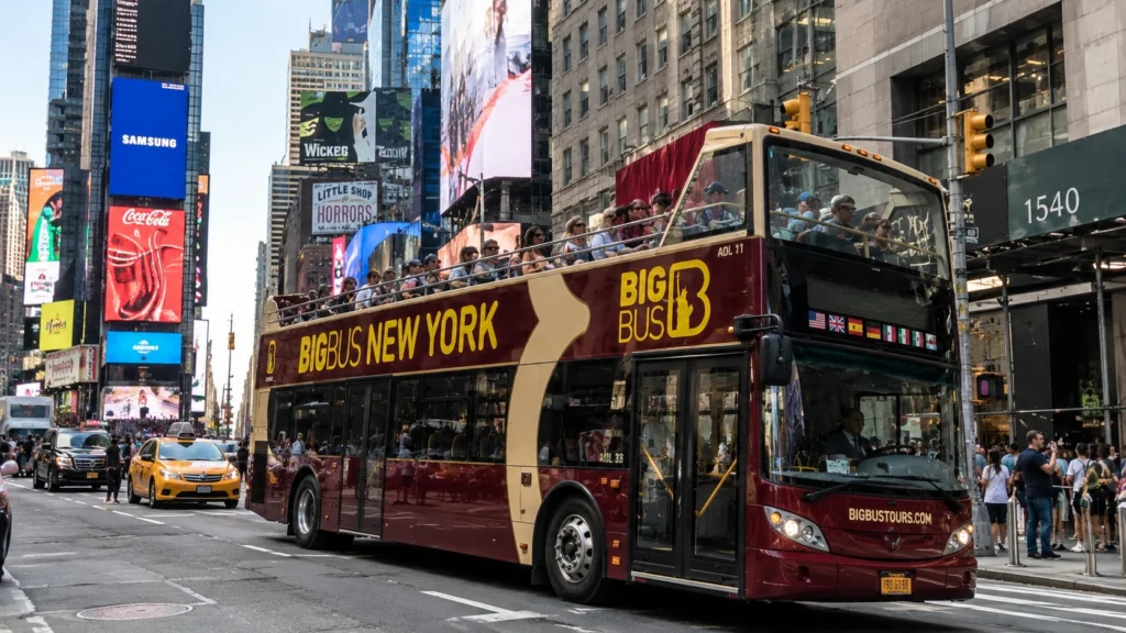 A Big Bus open-top double-decker sightseeing bus in Times Square, New York, with visitors on the top deck