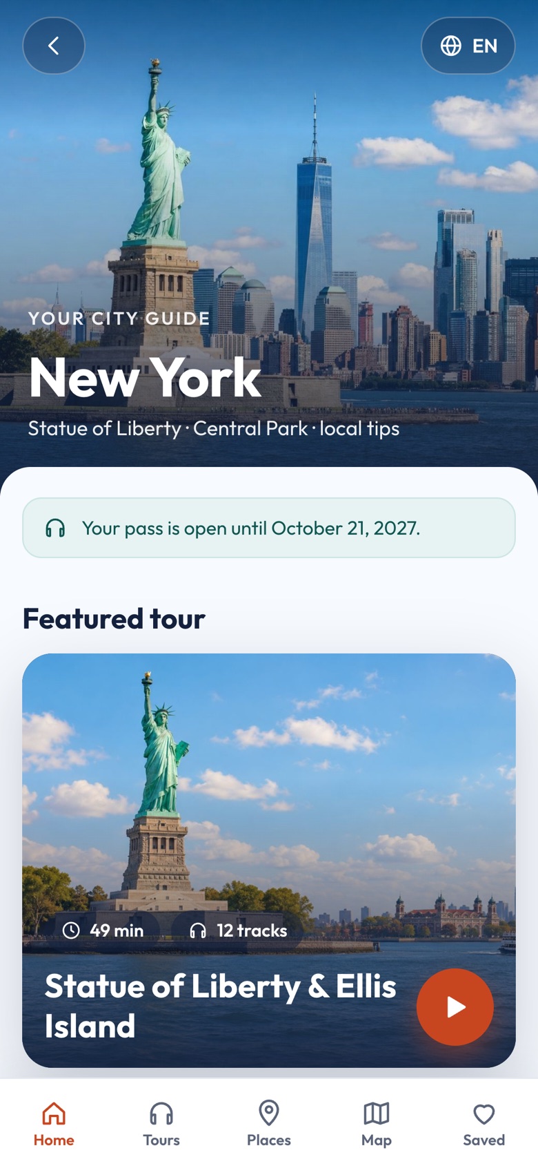 The Le Way Go City Guide home screen for New York, with the featured Statue of Liberty and Ellis Island audio tour