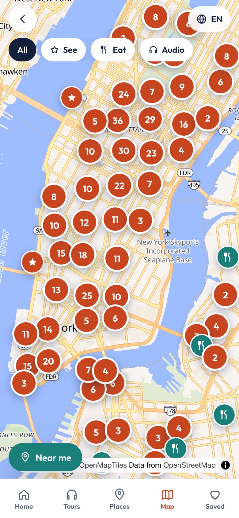 The City Guide map of Manhattan with places, restaurants and audio tour stops