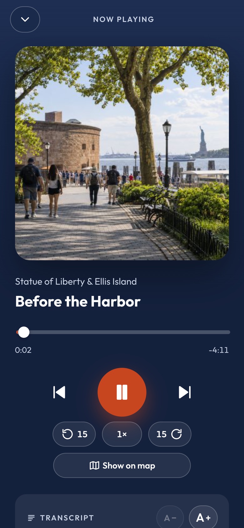 The City Guide audio player playing the first stop of the Statue of Liberty and Ellis Island tour