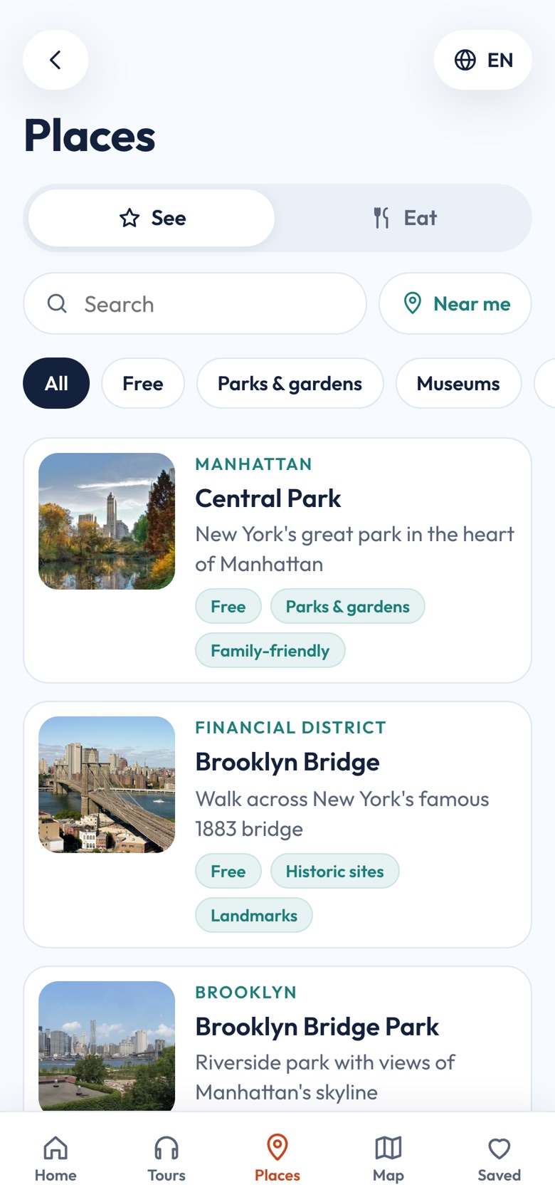 The Places screen in the City Guide, with filters and New York sights such as Central Park and the Brooklyn Bridge