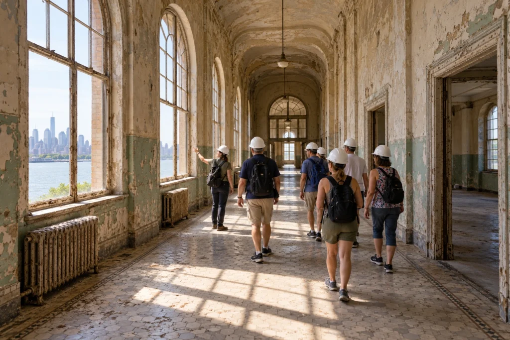 Visitors in white hard hats follow a guide through a corridor of the unrestored Ellis Island hospital, with the Manhattan skyline through the windows
