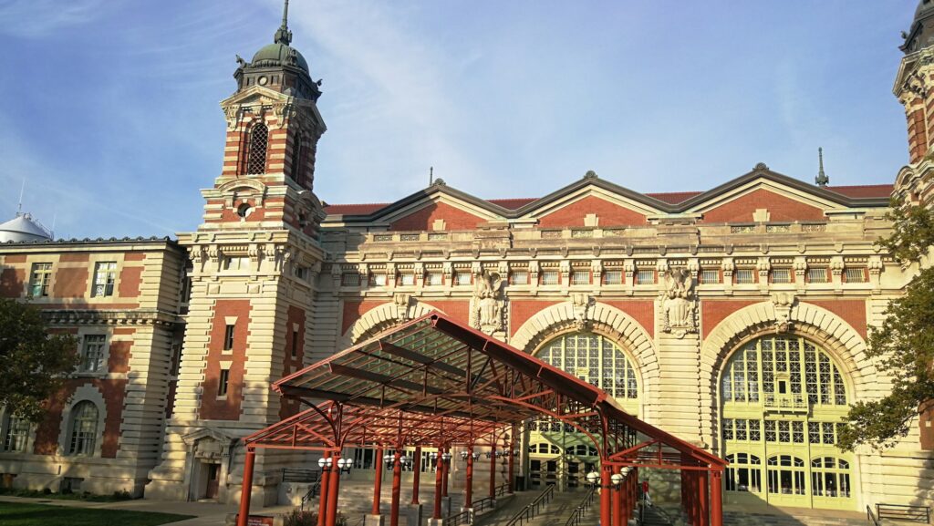 The red brick main building on Ellis Island