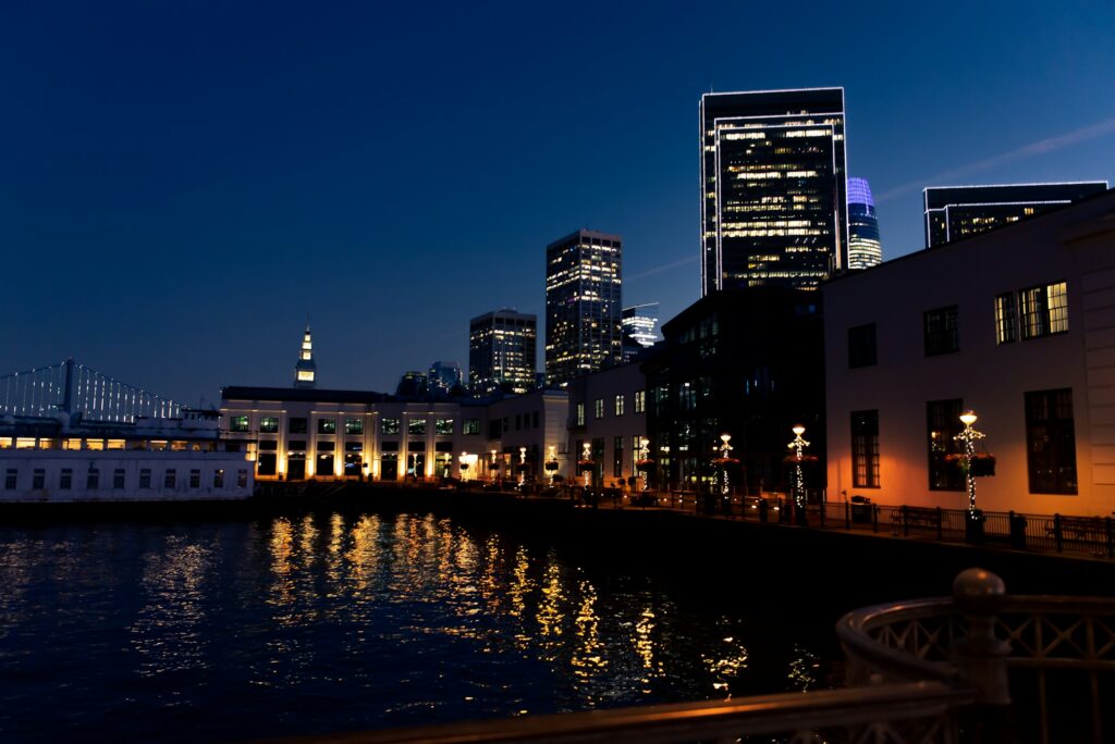 The San Francisco waterfront and skyline lit up at night